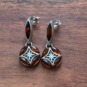 Sterling Silver and Brown Amber Stud Dangle Earrings